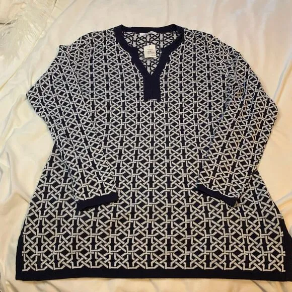 NWT Foxcroft Navy Blue White Lightweight Lattice Tunic Sweater XL