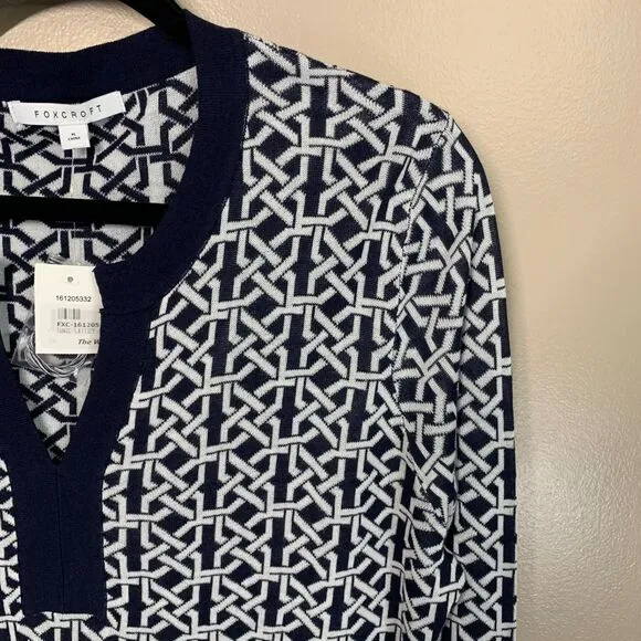 NWT Foxcroft Navy Blue White Lightweight Lattice Tunic Sweater XL