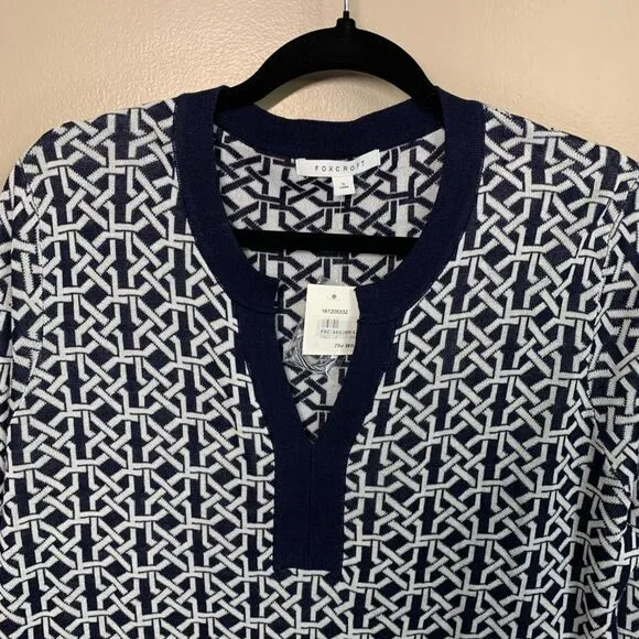 NWT Foxcroft Navy Blue White Lightweight Lattice Tunic Sweater XL