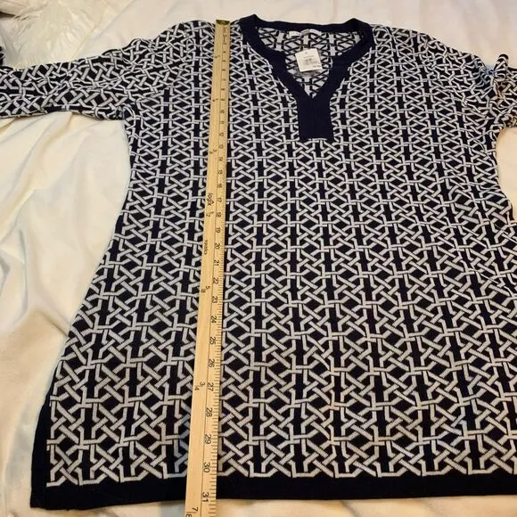 NWT Foxcroft Navy Blue White Lightweight Lattice Tunic Sweater XL