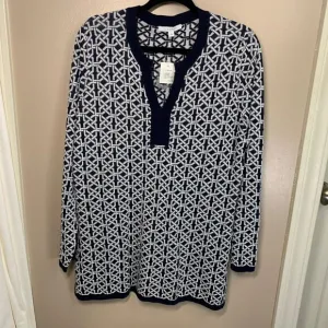 NWT Foxcroft Navy Blue White Lightweight Lattice Tunic Sweater XL