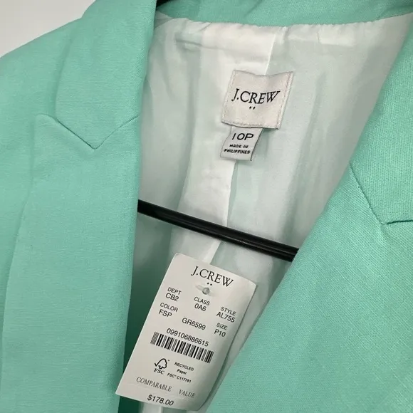 NWT J. Crew One Button Linen Blend Women’s Sz 10P Green Blazer $178