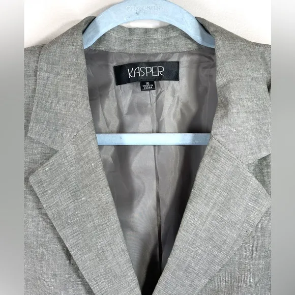 NWT KASPER Women’s Gray Double Breasted Three Button Linen Blazer Size 16
