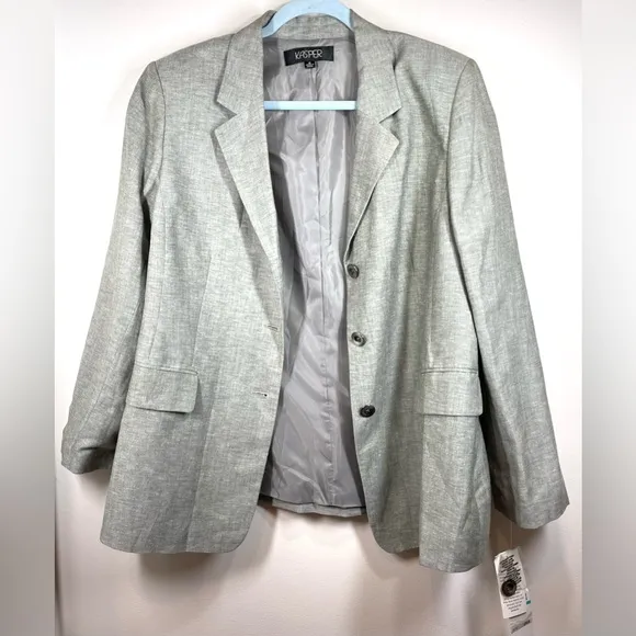 NWT KASPER Women’s Gray Double Breasted Three Button Linen Blazer Size 16