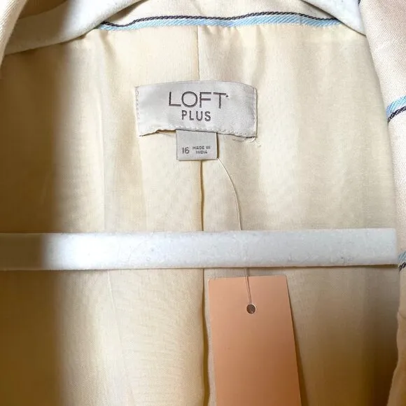 NWT Loft Linen Striped Long Sleeve Cropped Single Button Blazer Jacket Cream 16