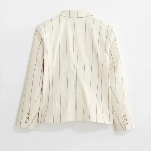NWT Loft Linen Striped Long Sleeve Cropped Single Button Blazer Jacket Cream 16
