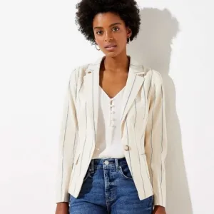 NWT Loft Linen Striped Long Sleeve Cropped Single Button Blazer Jacket Cream 16