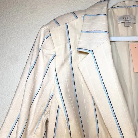 NWT Loft Linen Striped Long Sleeve Cropped Single Button Blazer Jacket Cream 16