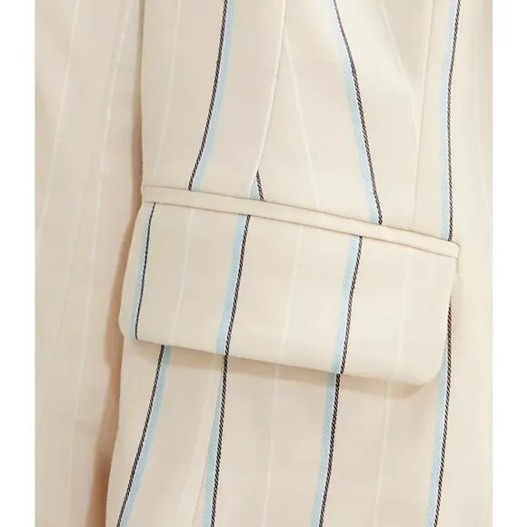 NWT Loft Linen Striped Long Sleeve Cropped Single Button Blazer Jacket Cream 16