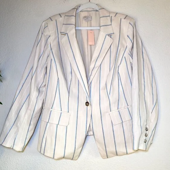 NWT Loft Linen Striped Long Sleeve Cropped Single Button Blazer Jacket Cream 16