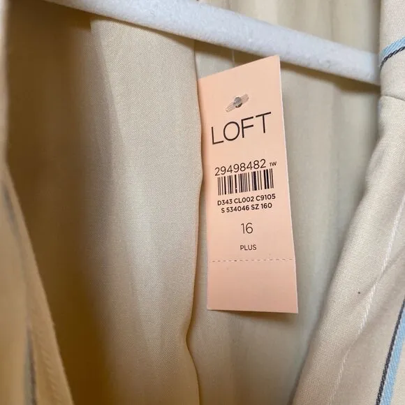 NWT Loft Linen Striped Long Sleeve Cropped Single Button Blazer Jacket Cream 16