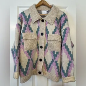 NWT LUSH Lightweight Jacquard Sherpa lined Sweater Jacket Cream/Lilac Size Med.