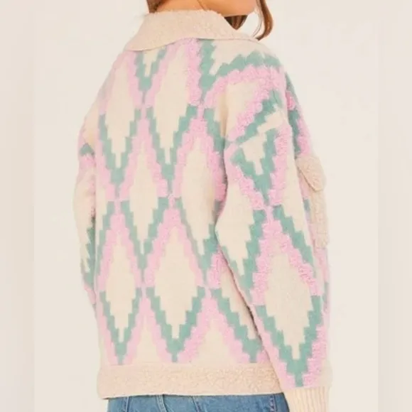 NWT LUSH Lightweight Jacquard Sherpa lined Sweater Jacket Cream/Lilac Size Med.