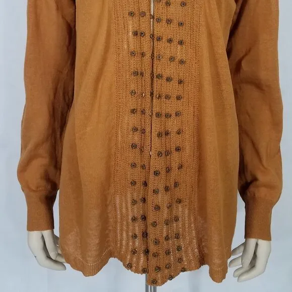 NWT Soft Surroundings brown Linen Cotton beaded open front cardigan ladies Large