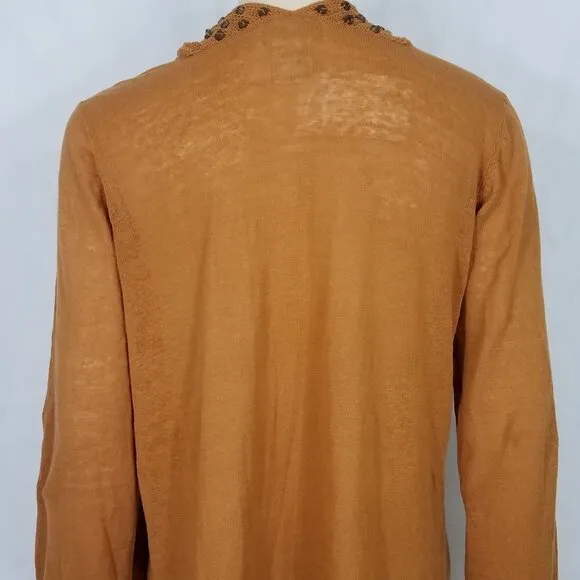 NWT Soft Surroundings brown Linen Cotton beaded open front cardigan ladies Large