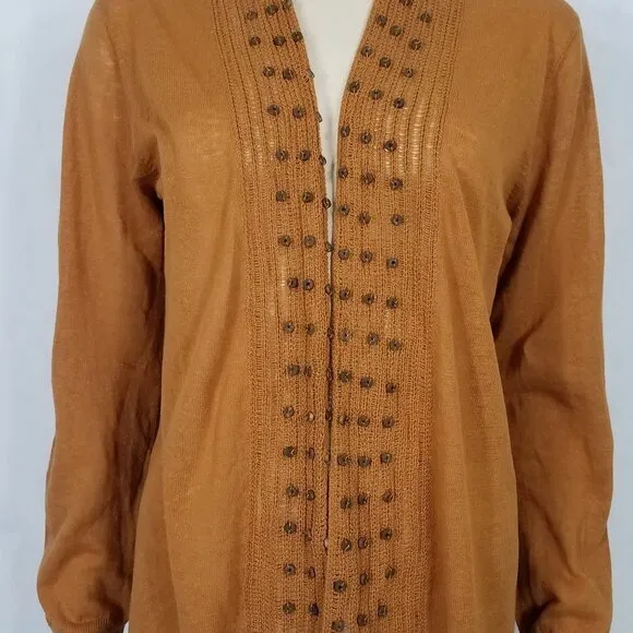 NWT Soft Surroundings brown Linen Cotton beaded open front cardigan ladies Large