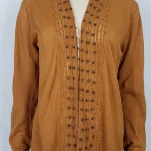NWT Soft Surroundings brown Linen Cotton beaded open front cardigan ladies Large