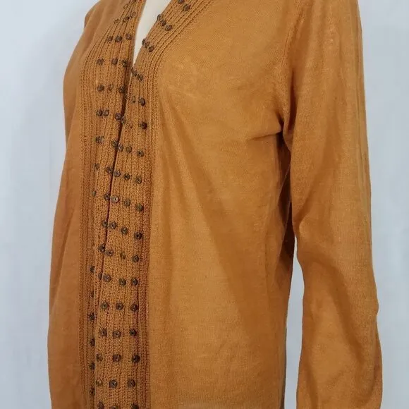 NWT Soft Surroundings brown Linen Cotton beaded open front cardigan ladies Large