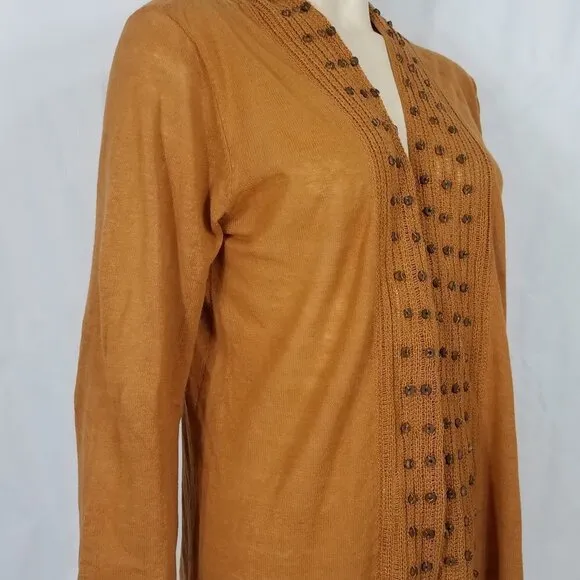 NWT Soft Surroundings brown Linen Cotton beaded open front cardigan ladies Large
