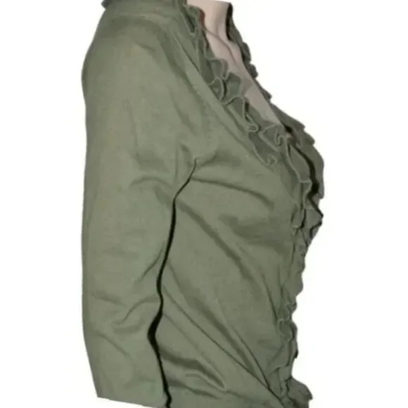 NWT Talbots Olive Army Green Ruffle V-Neck Pima Cotton Cardigan Dress Sweater XS
