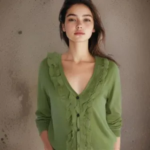 NWT Talbots Olive Army Green Ruffle V-Neck Pima Cotton Cardigan Dress Sweater XS