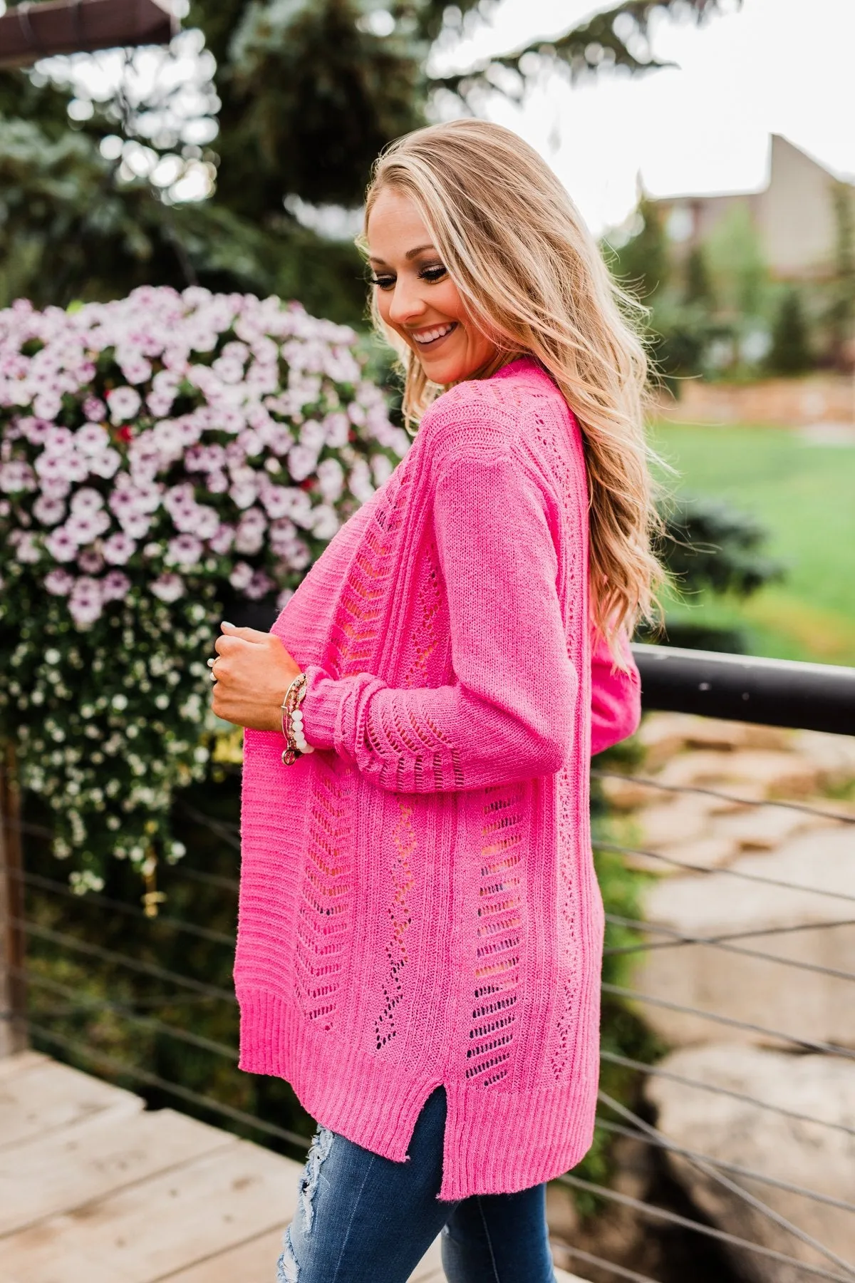 Open Front Pointelle Cardigan- Pink