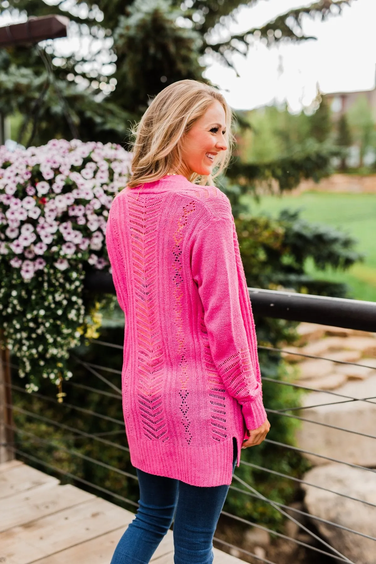 Open Front Pointelle Cardigan- Pink
