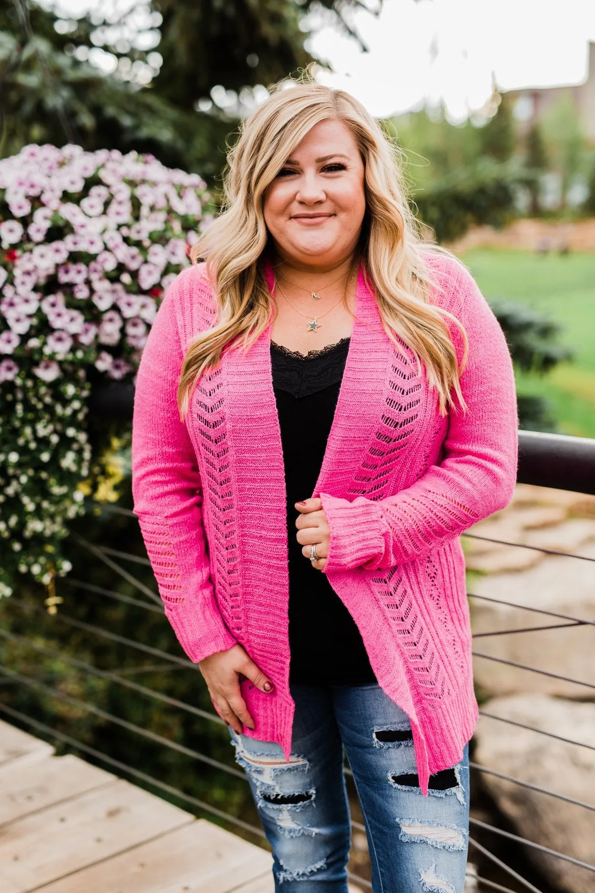 Open Front Pointelle Cardigan- Pink
