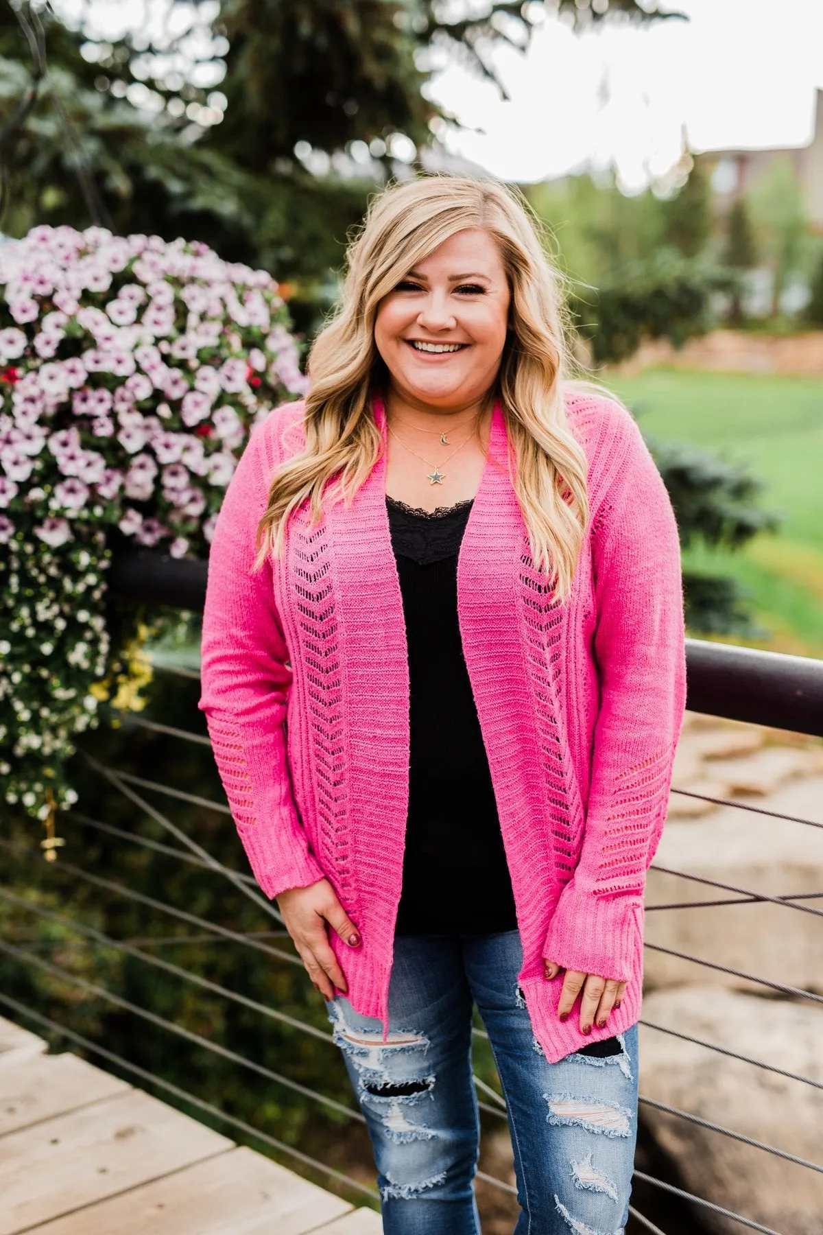 Open Front Pointelle Cardigan- Pink