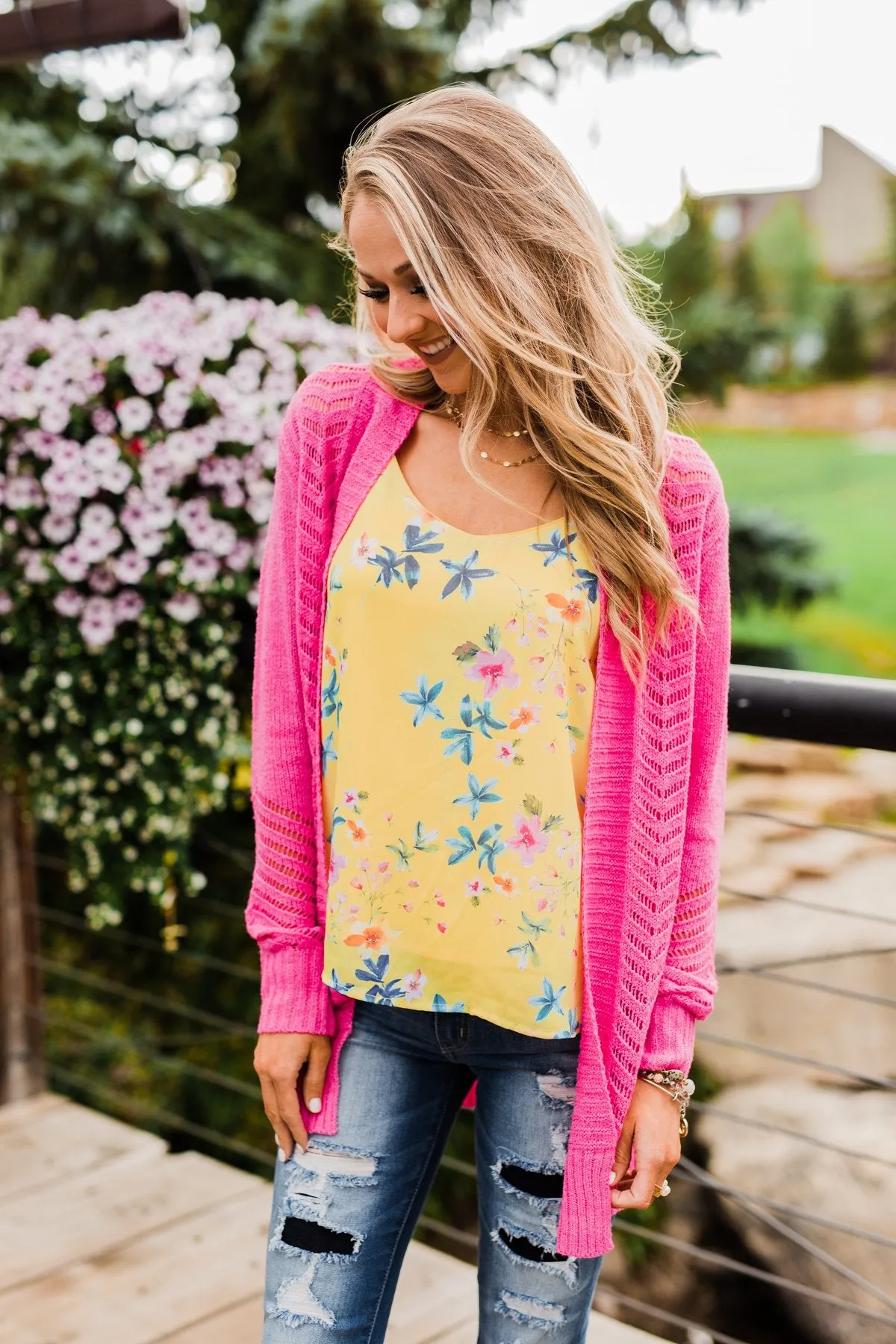 Open Front Pointelle Cardigan- Pink