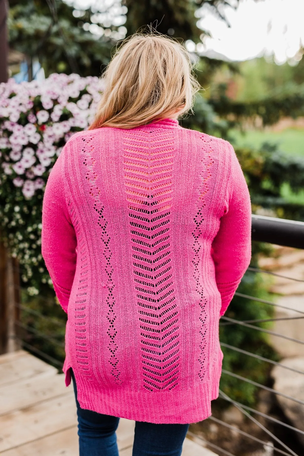 Open Front Pointelle Cardigan- Pink