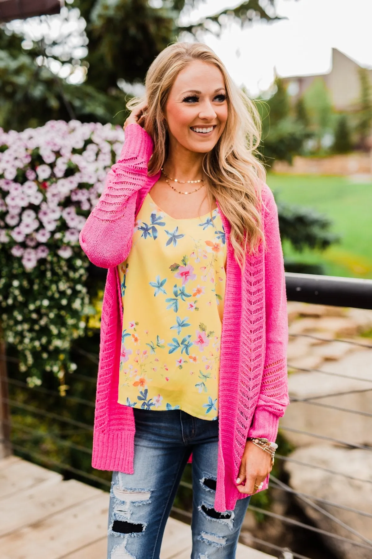 Open Front Pointelle Cardigan- Pink