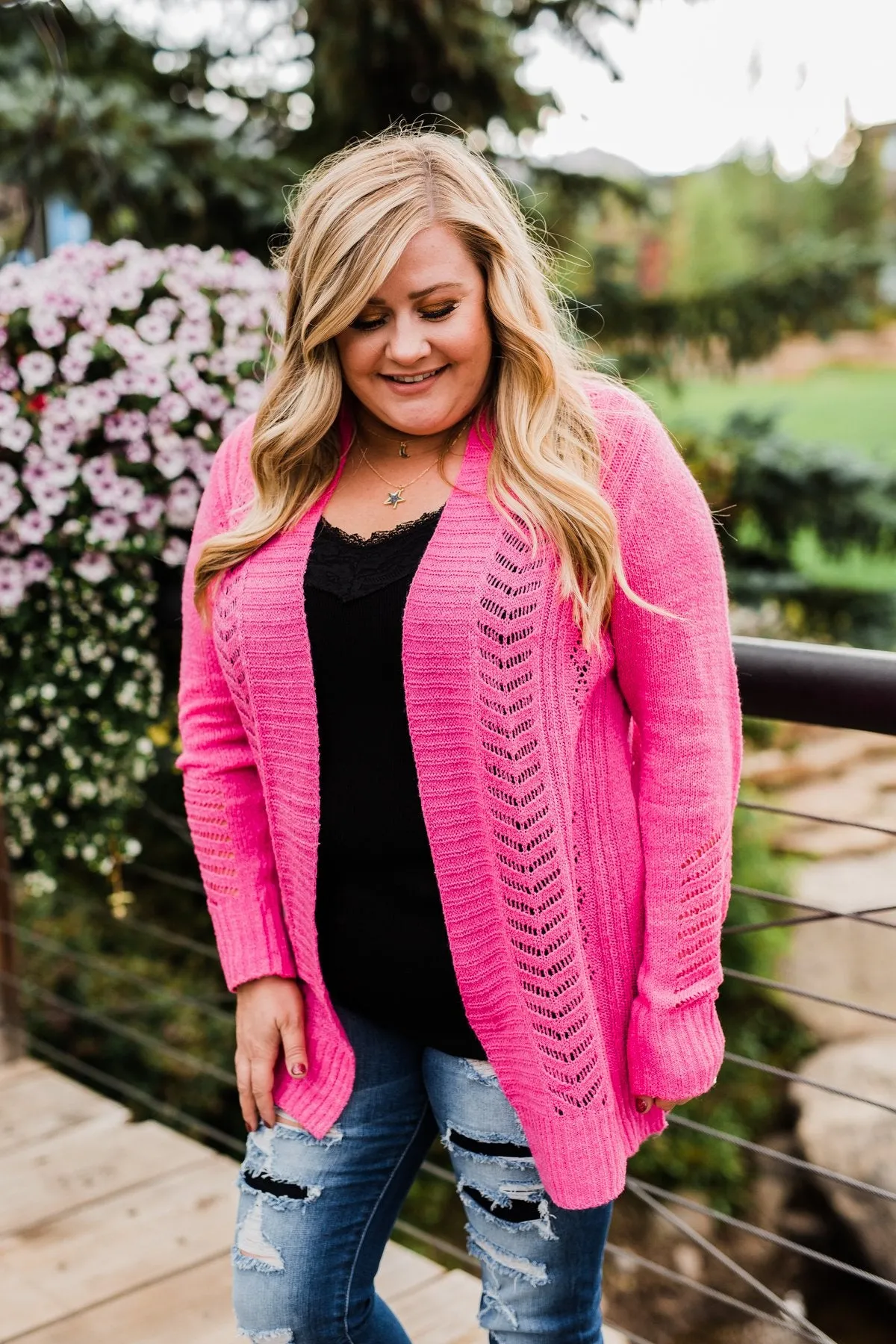 Open Front Pointelle Cardigan- Pink