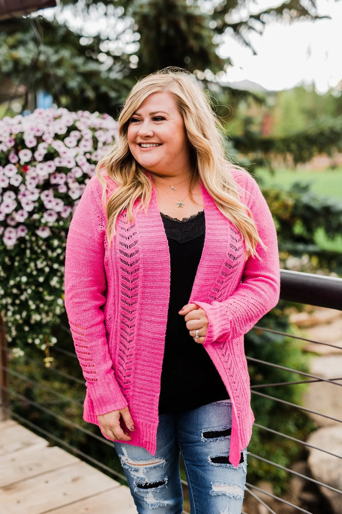 Open Front Pointelle Cardigan- Pink