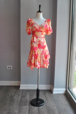 ORANGE MULTI SUMMER WRAP DRESS WITH SHORT SLEEVES