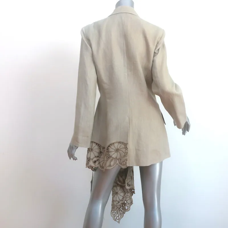 Oscar de la Renta Guipure Lace-Embroidered Linen Asymmetric Blazer Beige Size 8