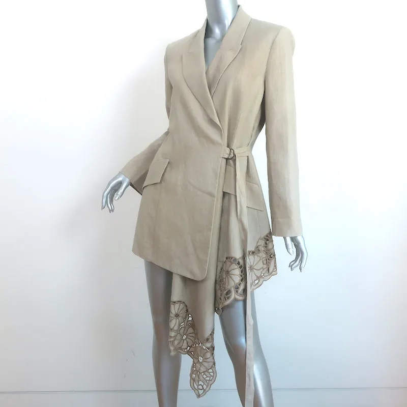 Oscar de la Renta Guipure Lace-Embroidered Linen Asymmetric Blazer Beige Size 8
