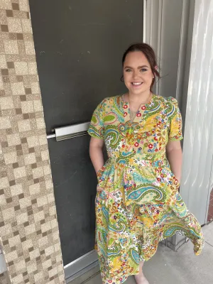 Paisley V Neck Midi Dress w Elastic Waist