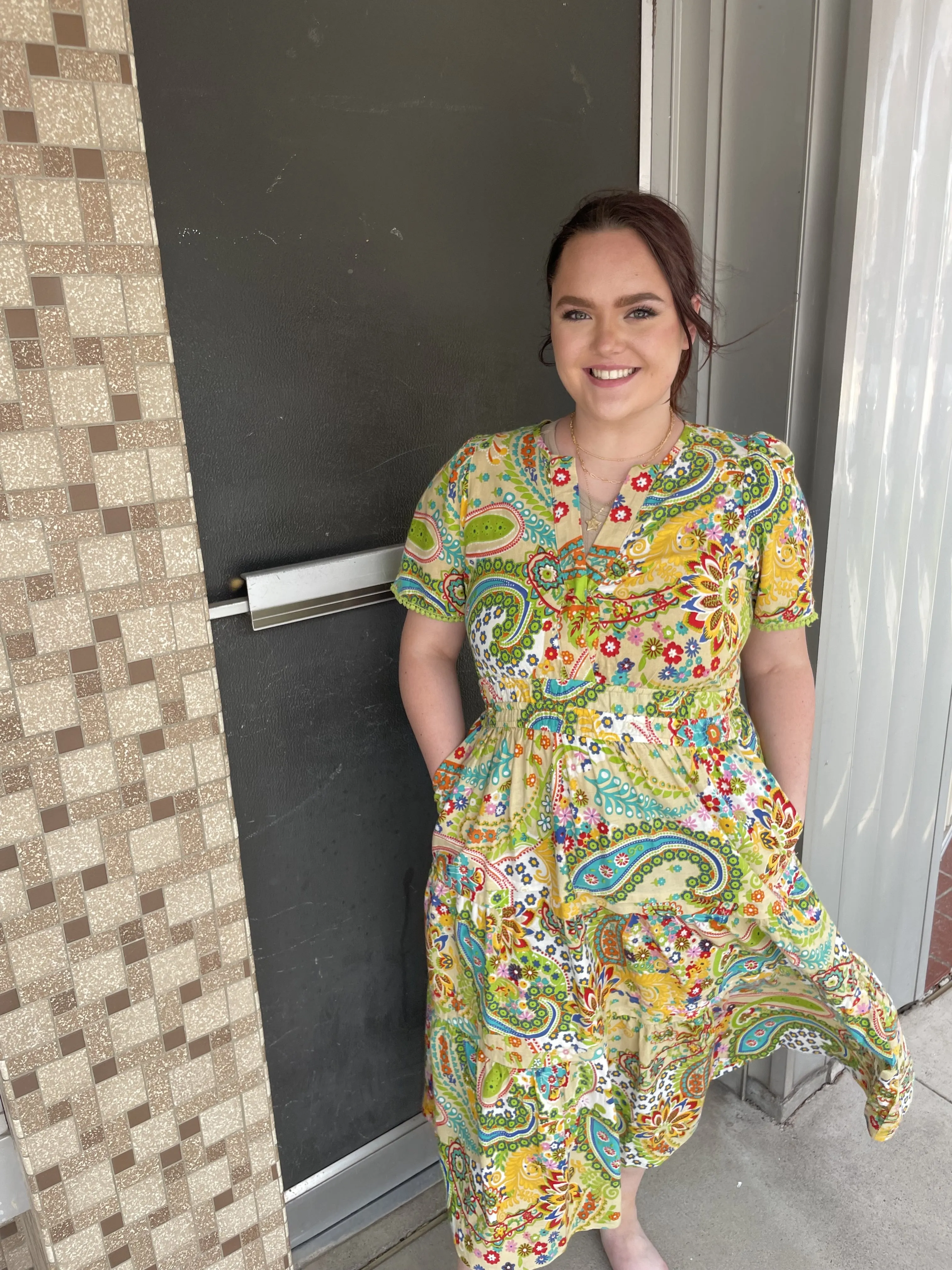 Paisley V Neck Midi Dress w Elastic Waist
