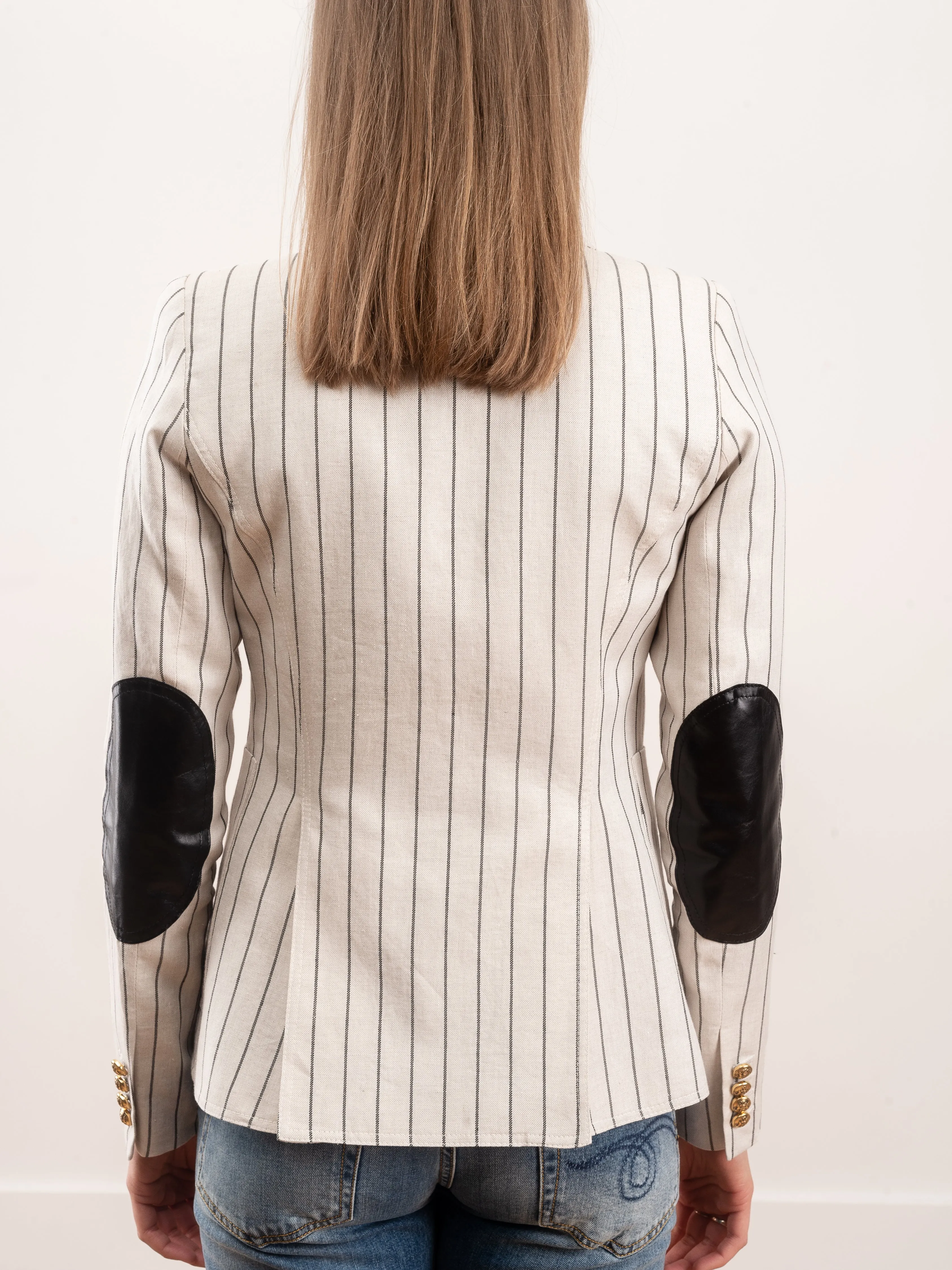 patch pocket duchess blazer - stone stripe/black leather
