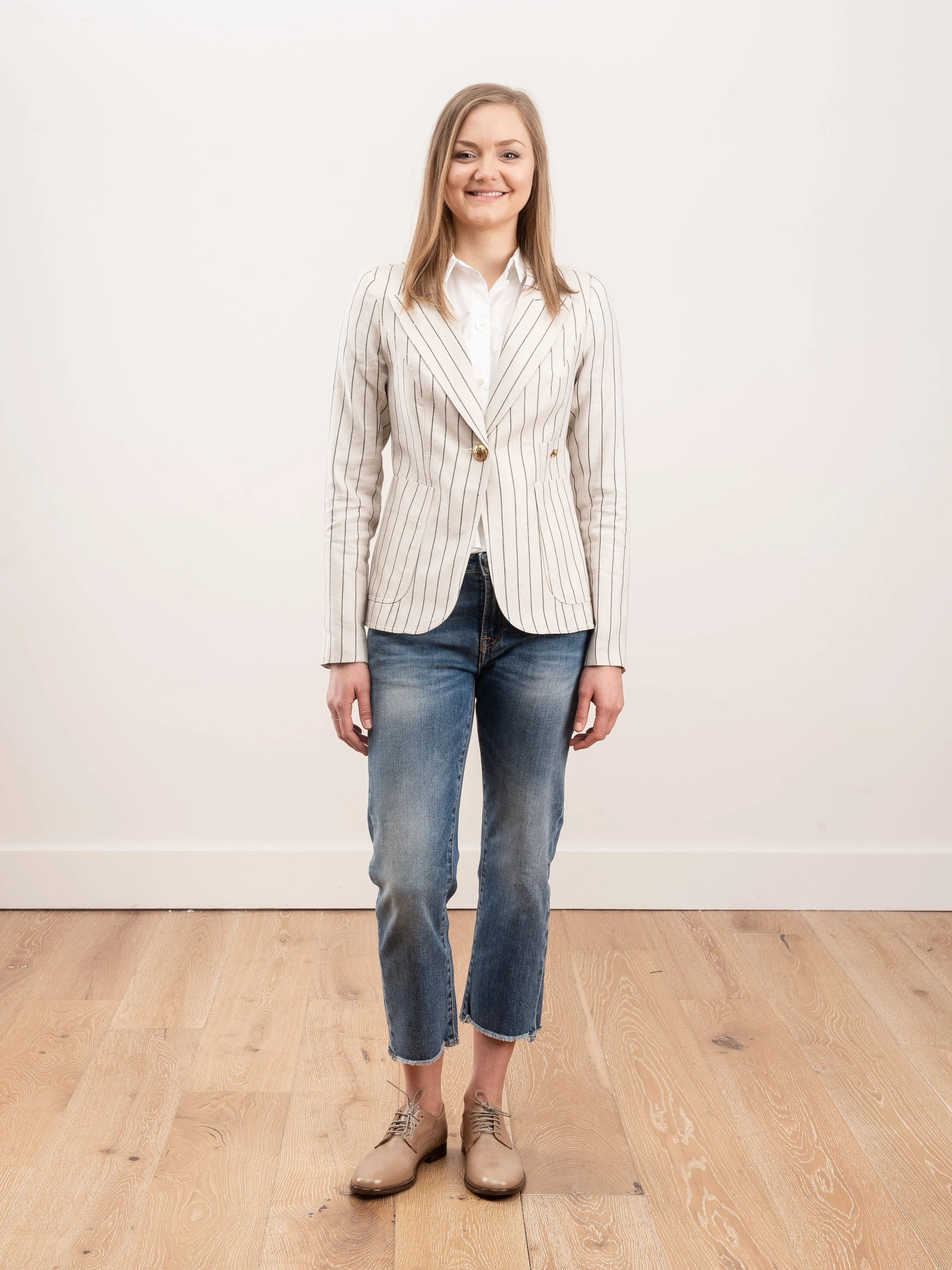patch pocket duchess blazer - stone stripe/black leather