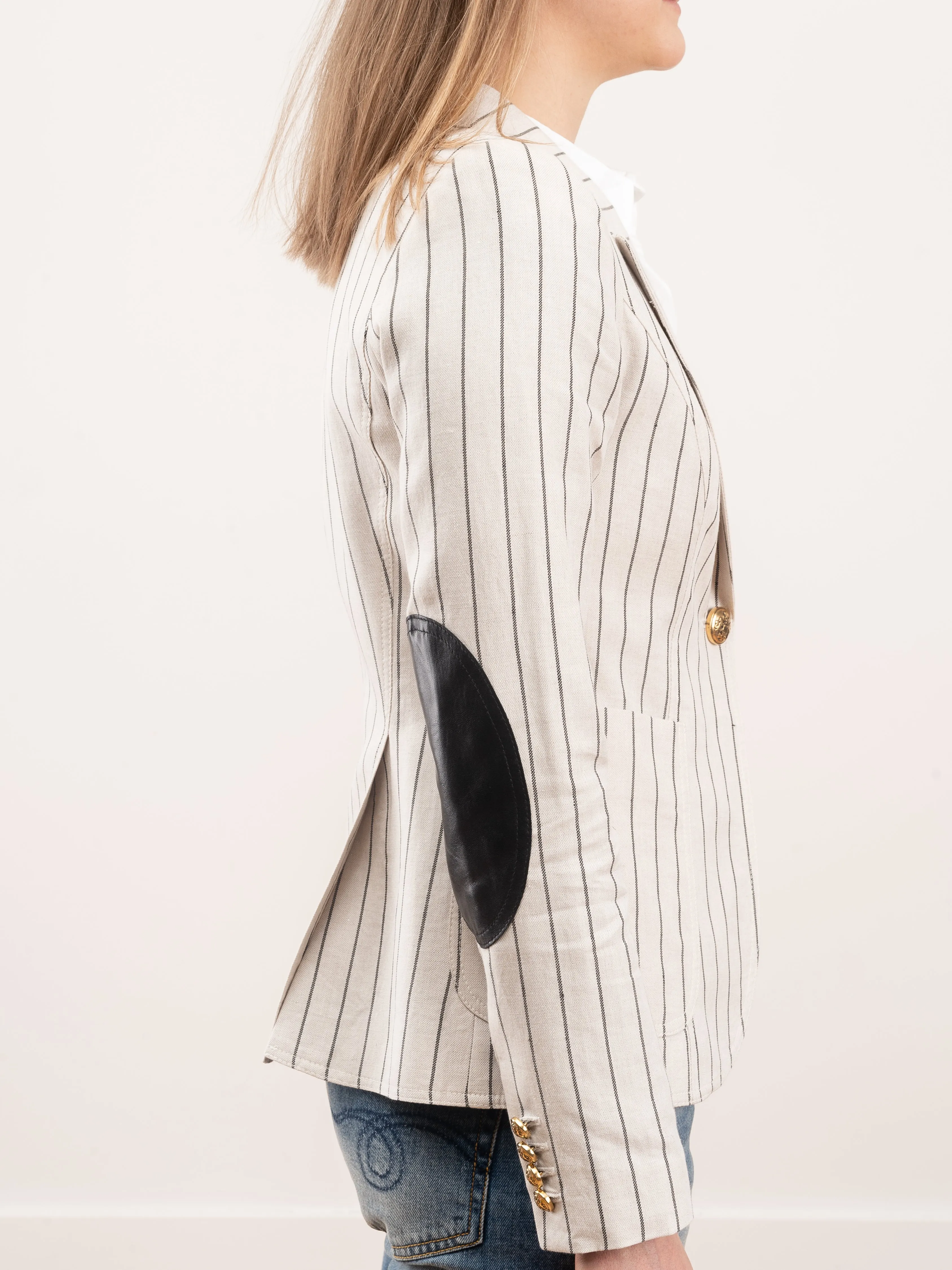patch pocket duchess blazer - stone stripe/black leather