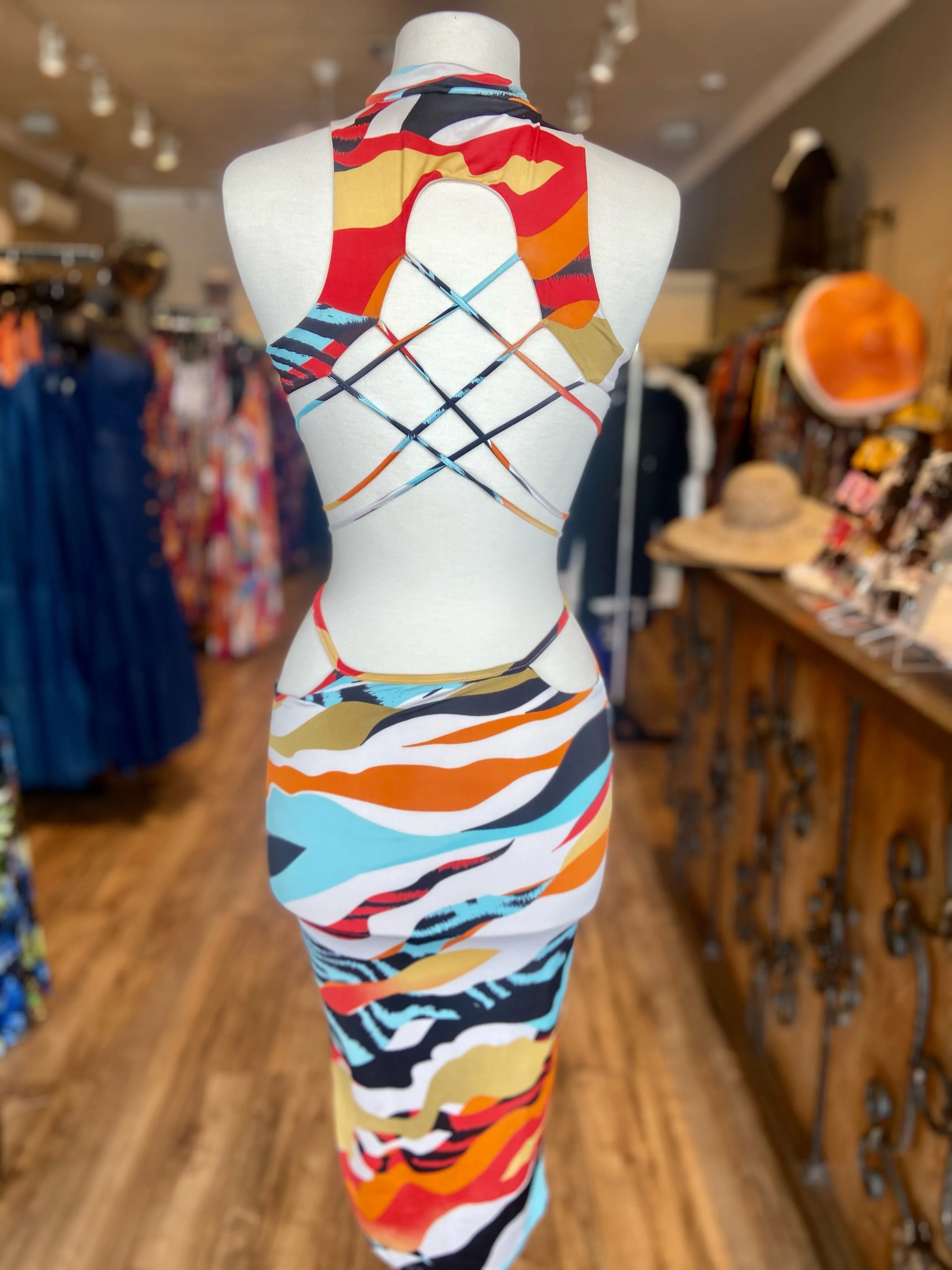 Pattern String Back Midi Dress