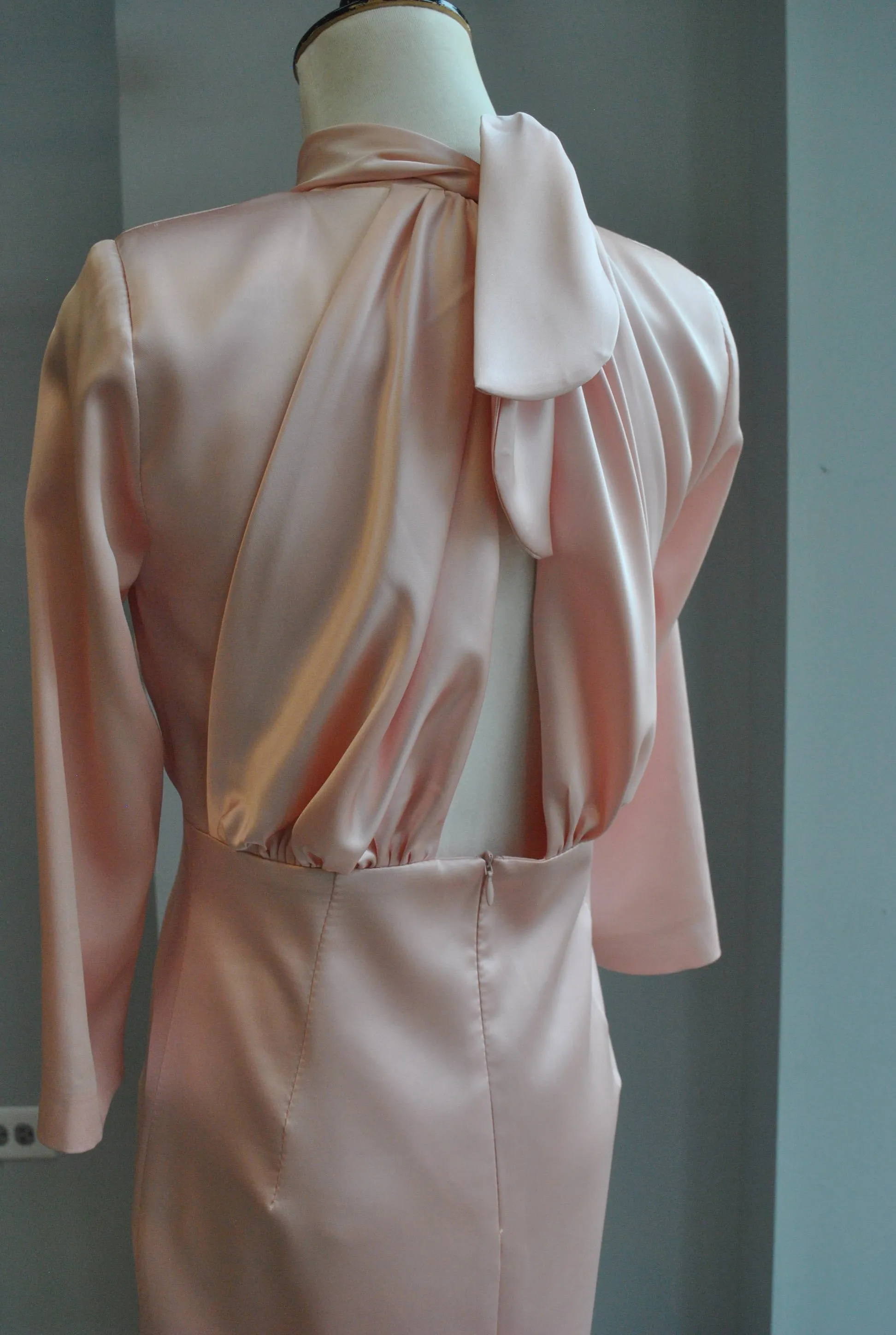 PEACH COLOR MIDI SILKY COCKTAIL DRESS
