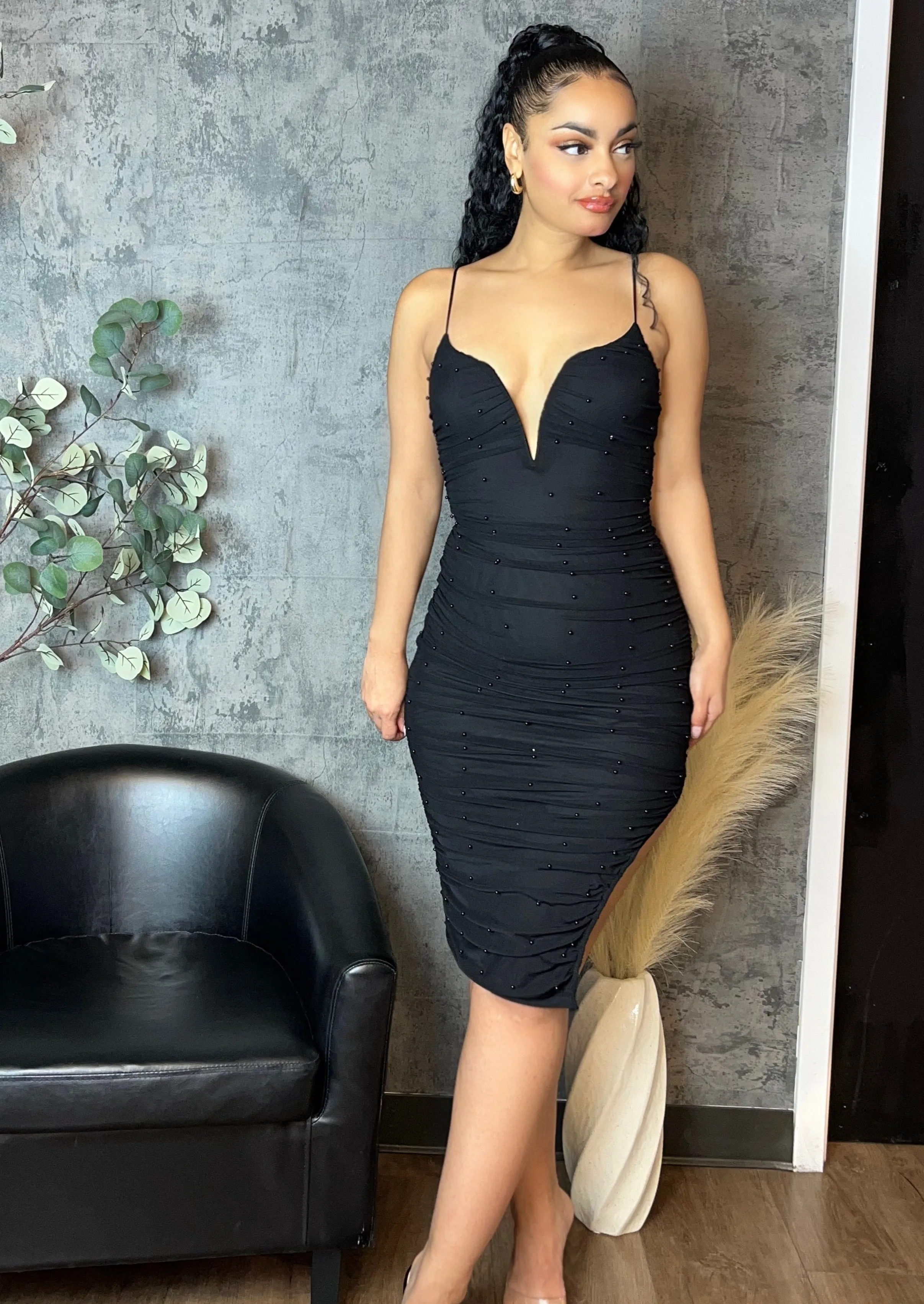 Pearl Ruched Midi Dress