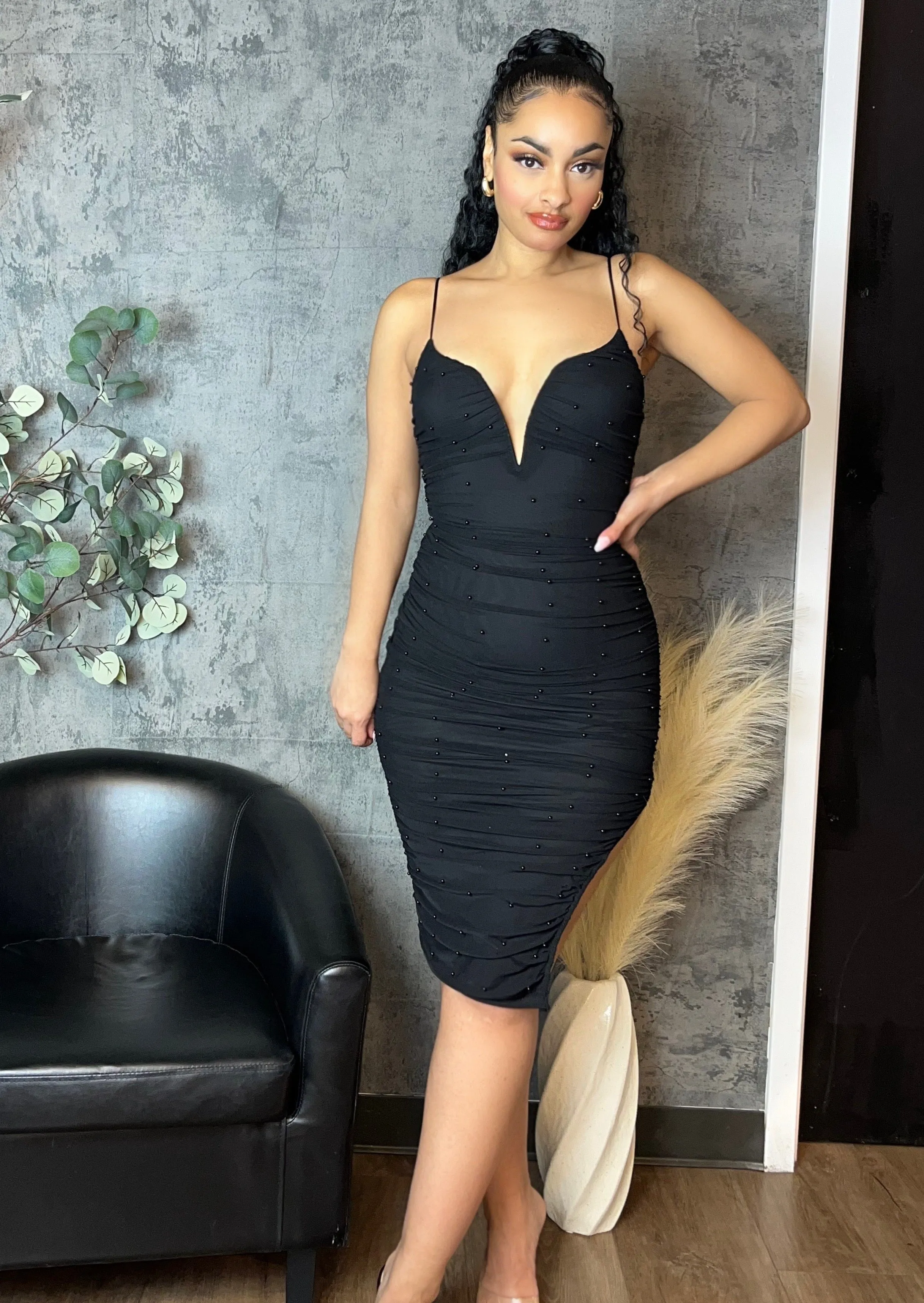 Pearl Ruched Midi Dress