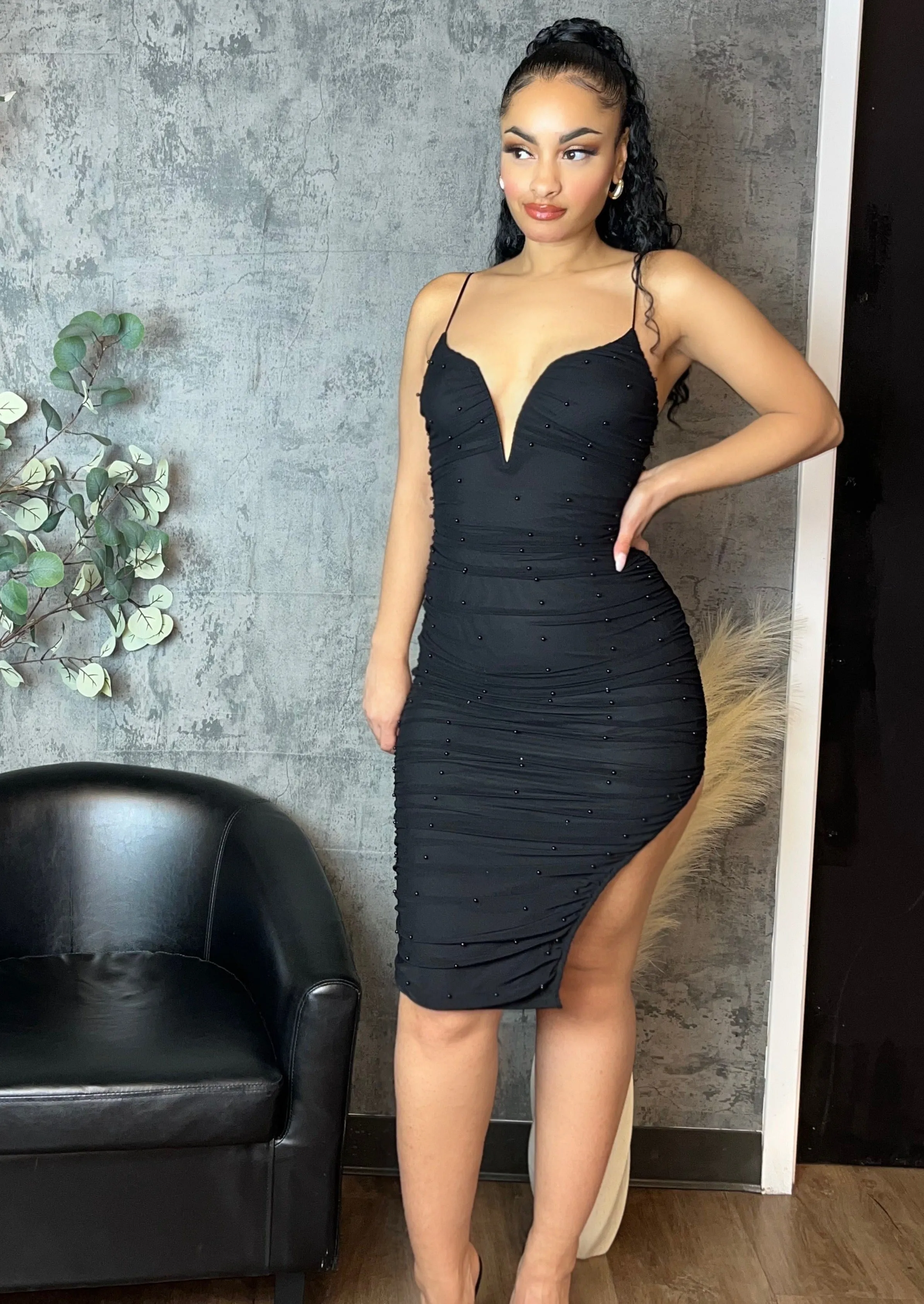 Pearl Ruched Midi Dress