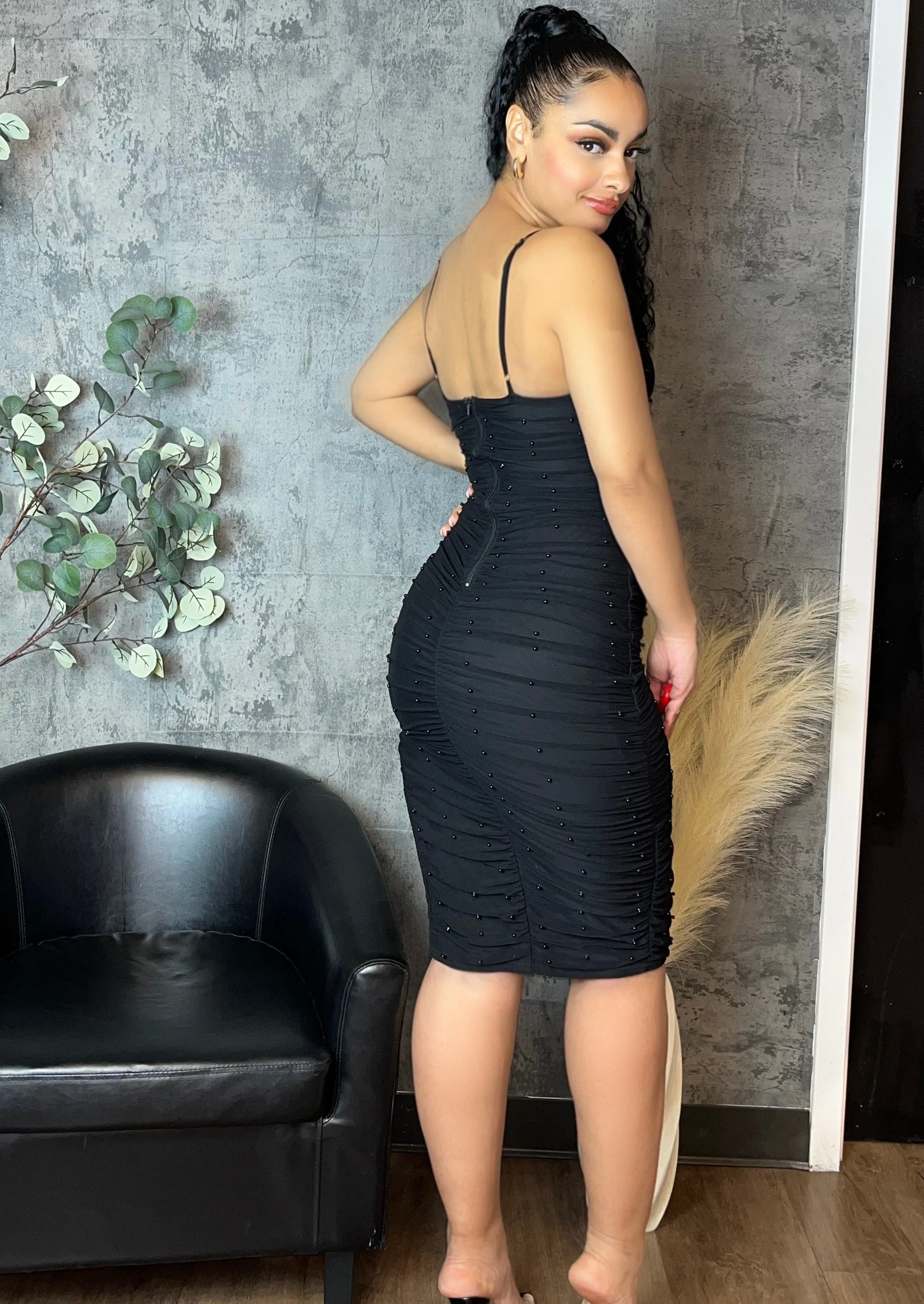 Pearl Ruched Midi Dress