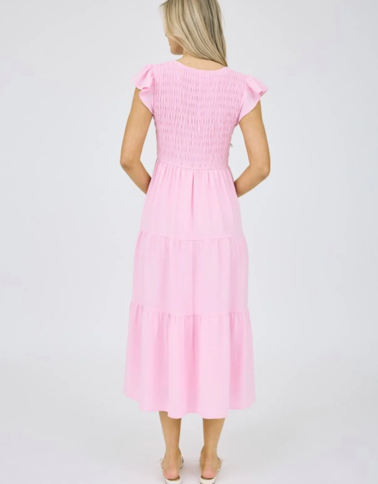 Pia Pink V Neck Flutter Midi