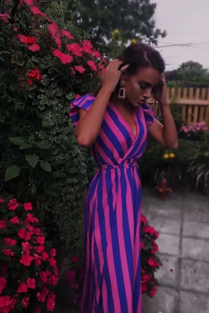 Pink And Lilac Plunge Wrap Belted Maxi Dress - Carri